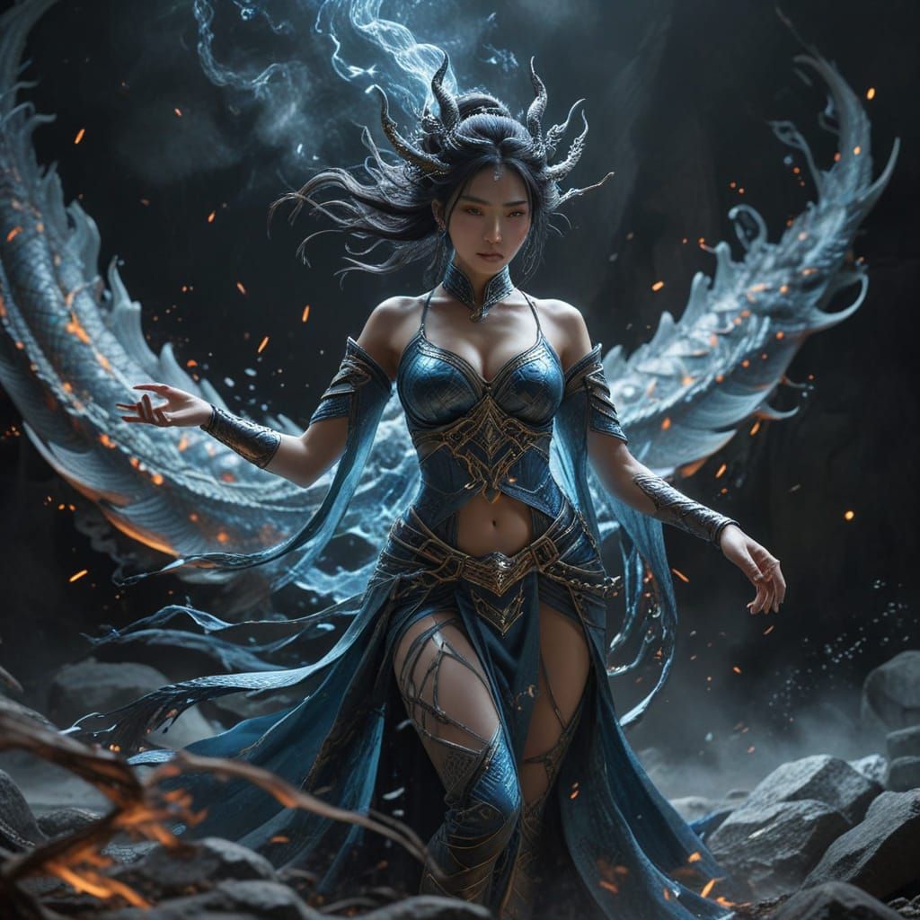 mysterious dragon priestess summoning power during a wuxia 
battle