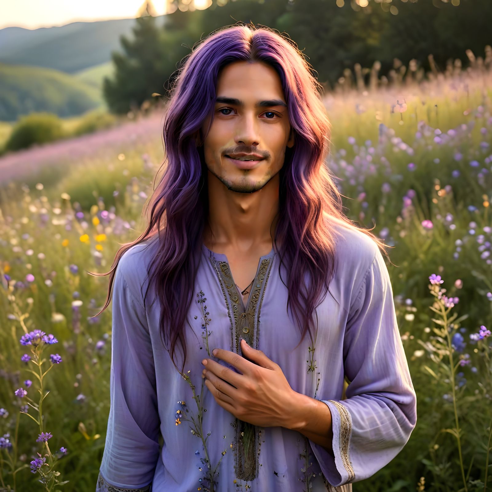 Ethereal Young Man in Floral Meadow