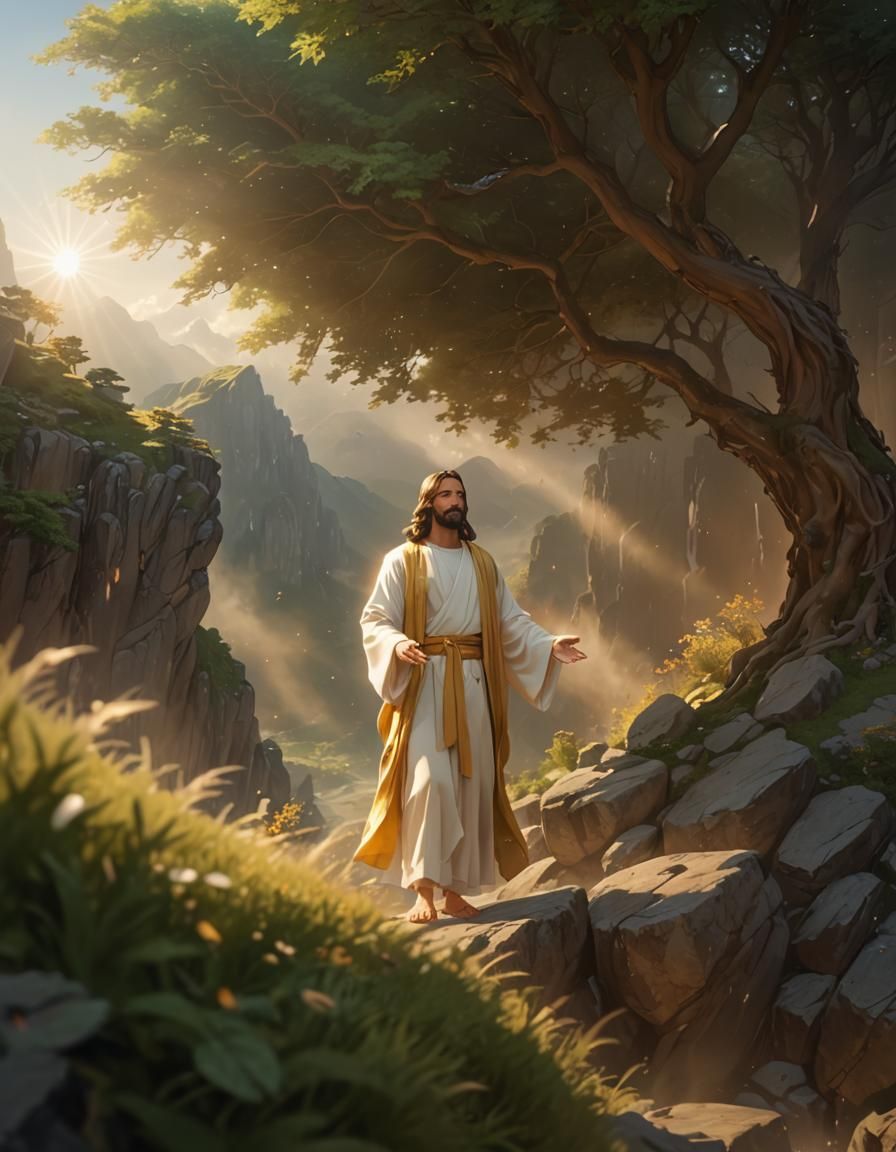 Jesus in Anime Style Mountain Landscape