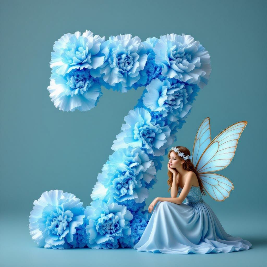 Fairy Beside Number 7 Made of Light Blue Carnations
