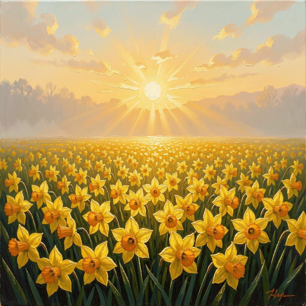 Golden Sunrise Over Daffodil Field Oil Painting
