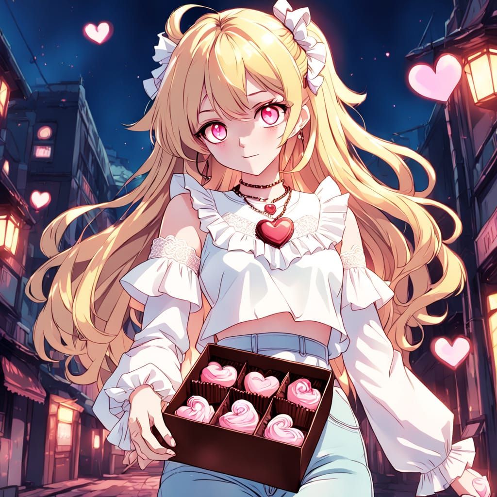 Anime Girl Celebrates Valentine's Day with Sparkling Eleganc...