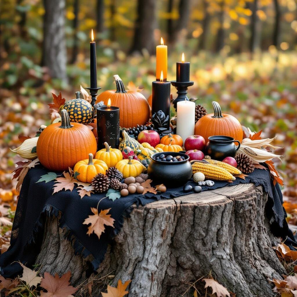 Samhain Altar Displaying Harvest Bounty with Natural Element...