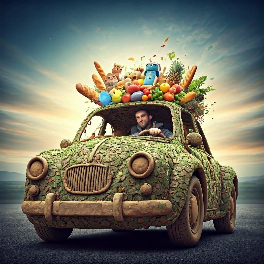 Man Drives Clay Car on Busy Road: Fantasy Art