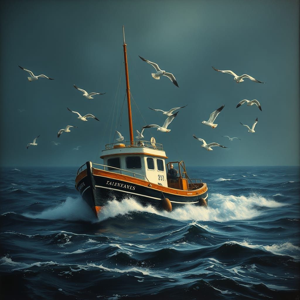 Fishing Boat at Sea in Dieselcore Style