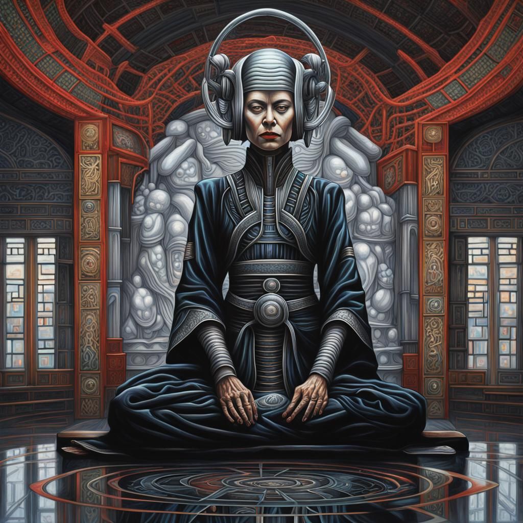 Cyborg Priestess Meditating in Biomechanical Temple