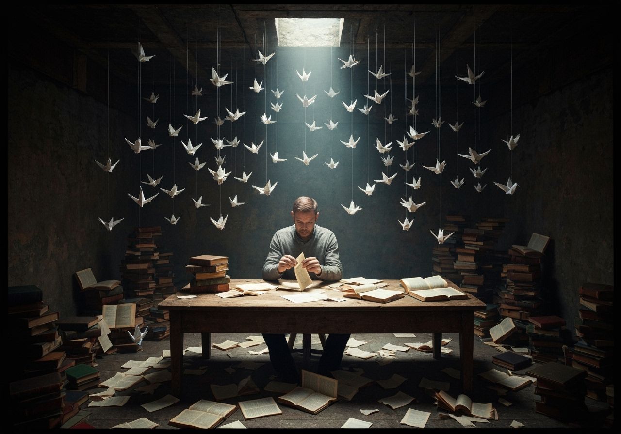 Man Creating Paper Birds in Photorealistic Style