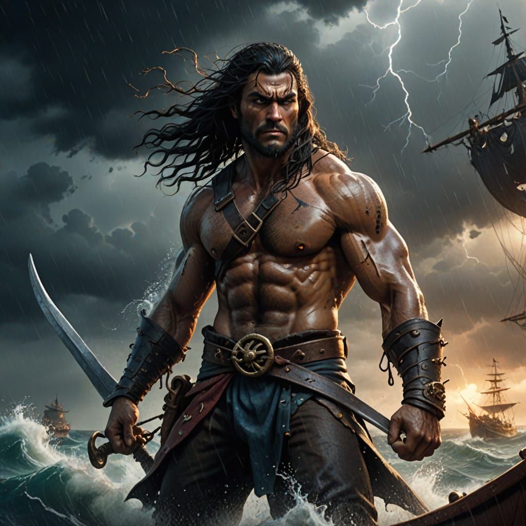 Cyberpunk-Inspired Fantasy Art of a Heroic Barbarian at Sea