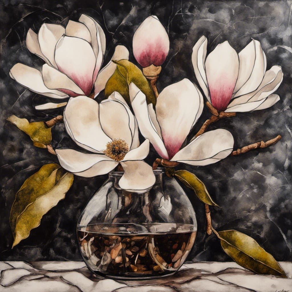 Magnolia Flowers in Vase: Neo-Impressionist Ink Drawing