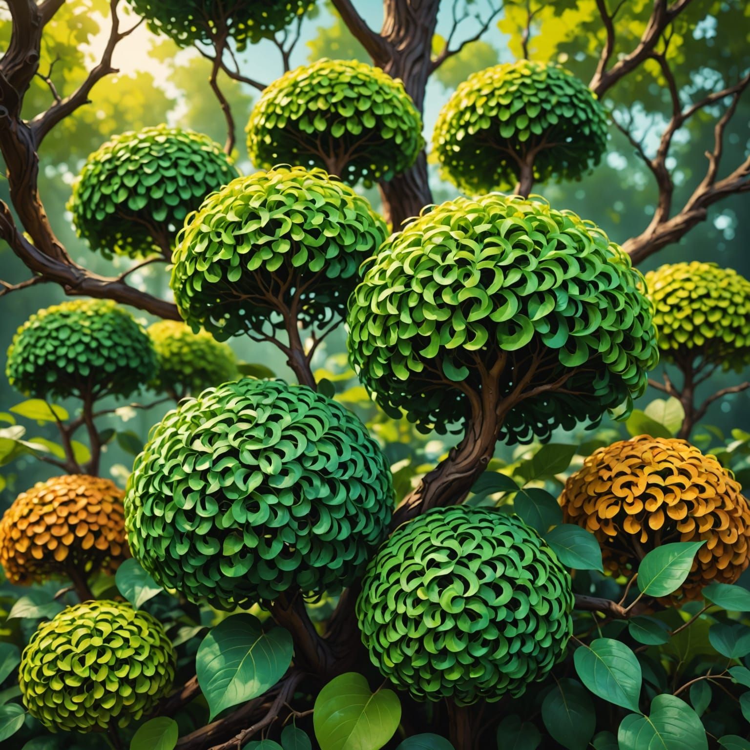 Hyperrealistic Trees with Curly Leaves Illustration