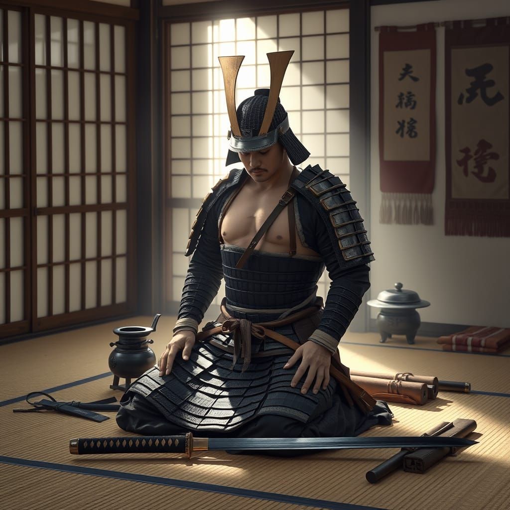 Samurai Preparing for Battle in Morning Light