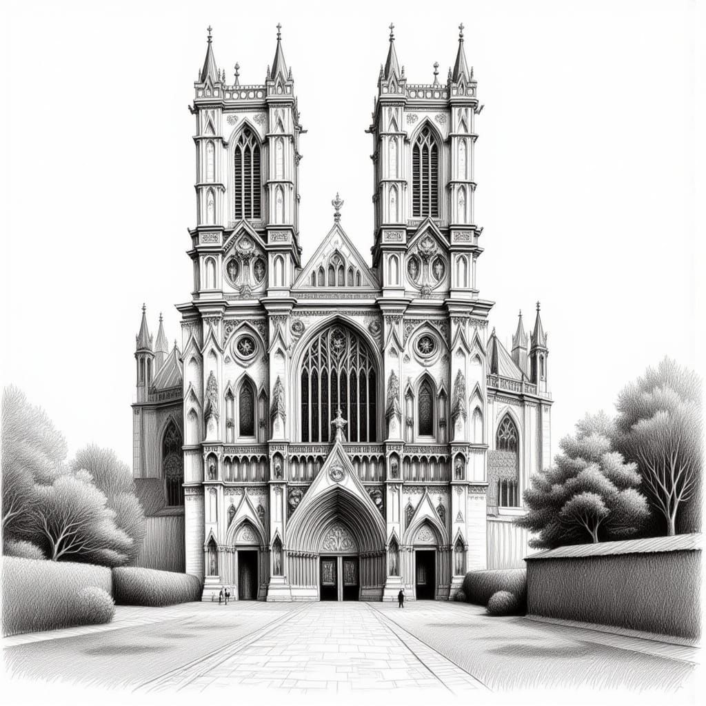Intricate Black and White Pencil Sketch of Westminster Abbey