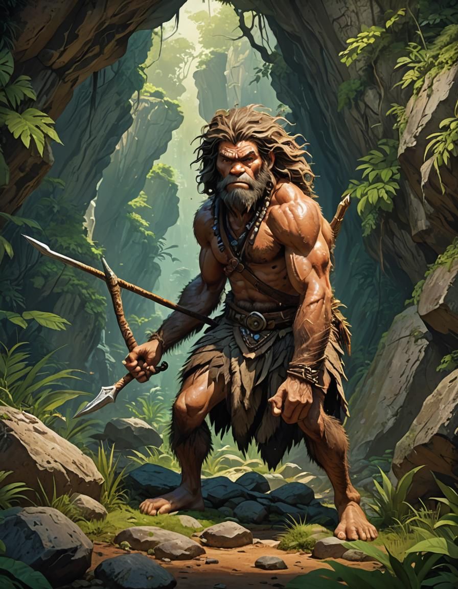 prehistoric caveman, with his spear, hunting