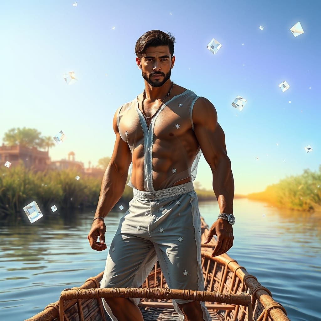 Indian Bodybuilder in Futuristic Rainbow Prism River
