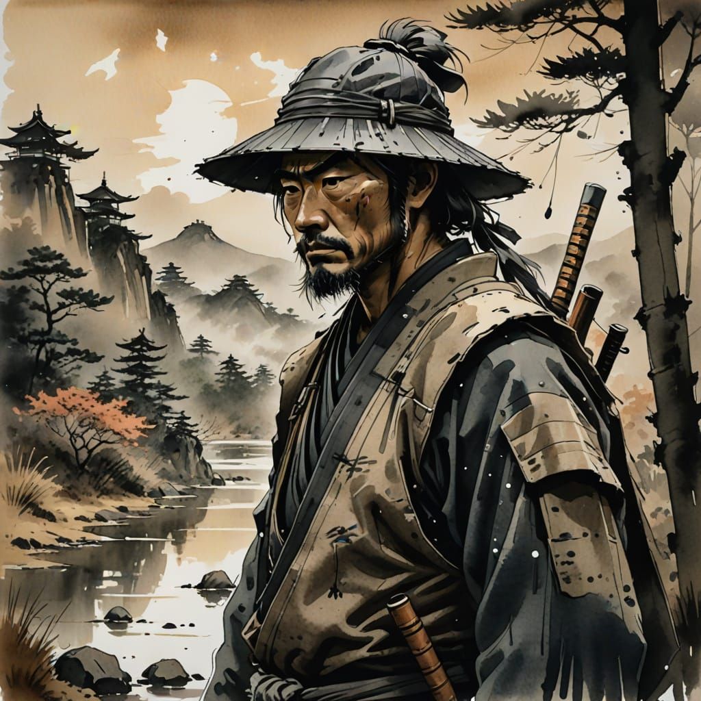 Ronin in Japanese Landscape as Ink Wash Painting