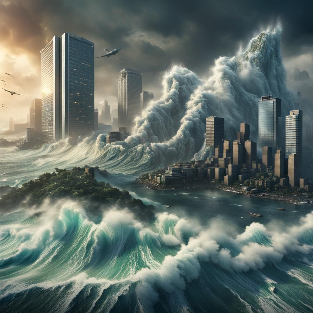 Tsunami Engulfs Coastal City: Detailed Matte Painting