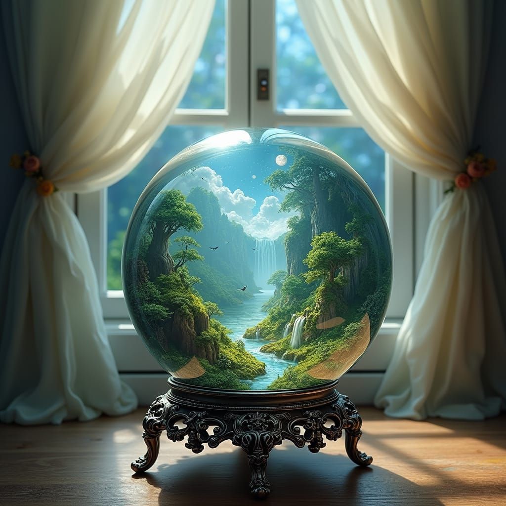Enchanted World Within Crystal Globe, Dreamlike Art