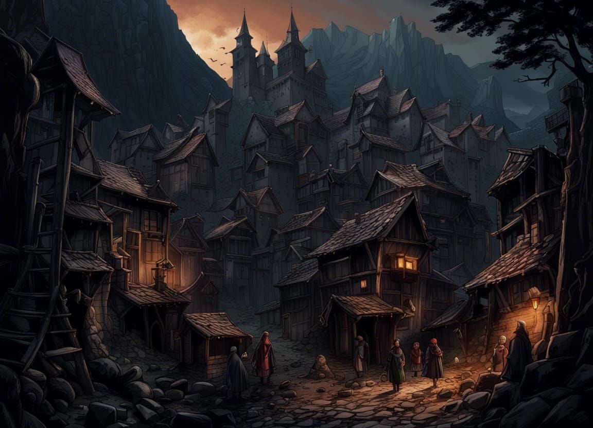 Medieval Slum Village with Vampire Castle, Anime Style