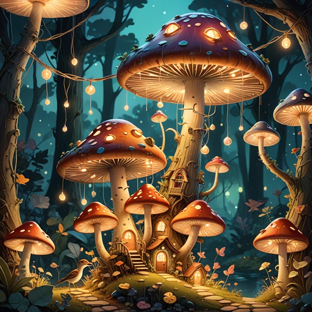 Whimsical Mushroom House Illustration with Birds