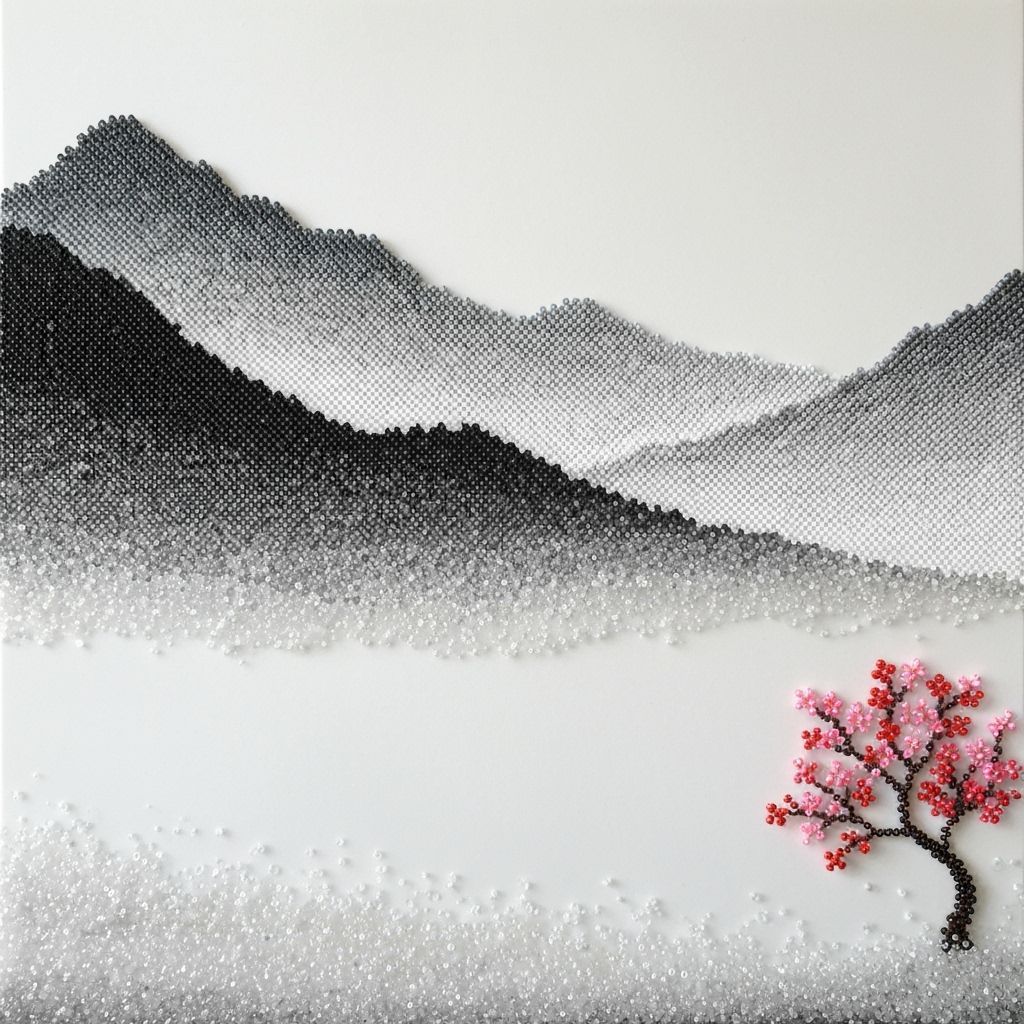 Minimalist Bead Art of Misty Mountain Landscape