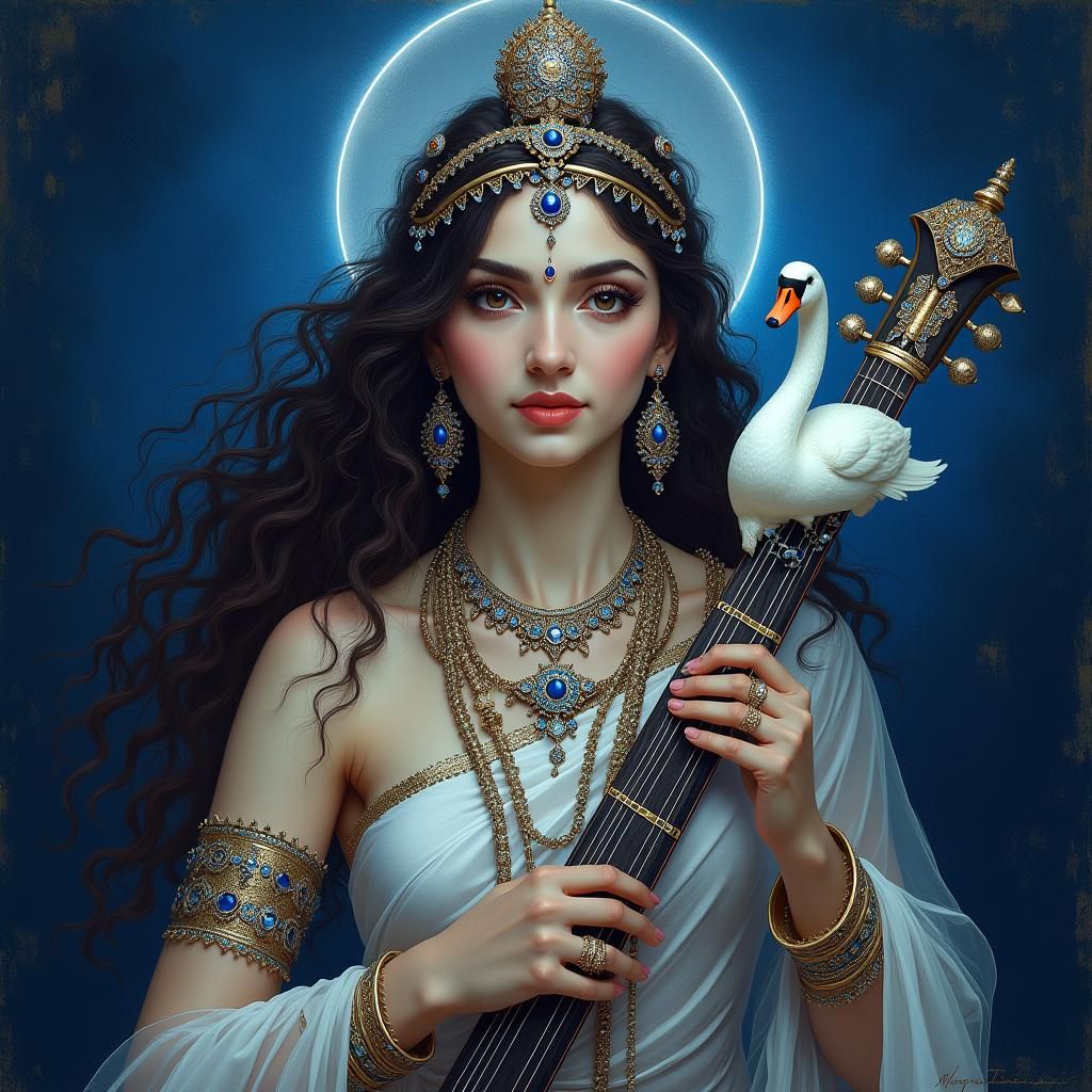 Saraswati Goddess Portrait with Veena, Indian Art