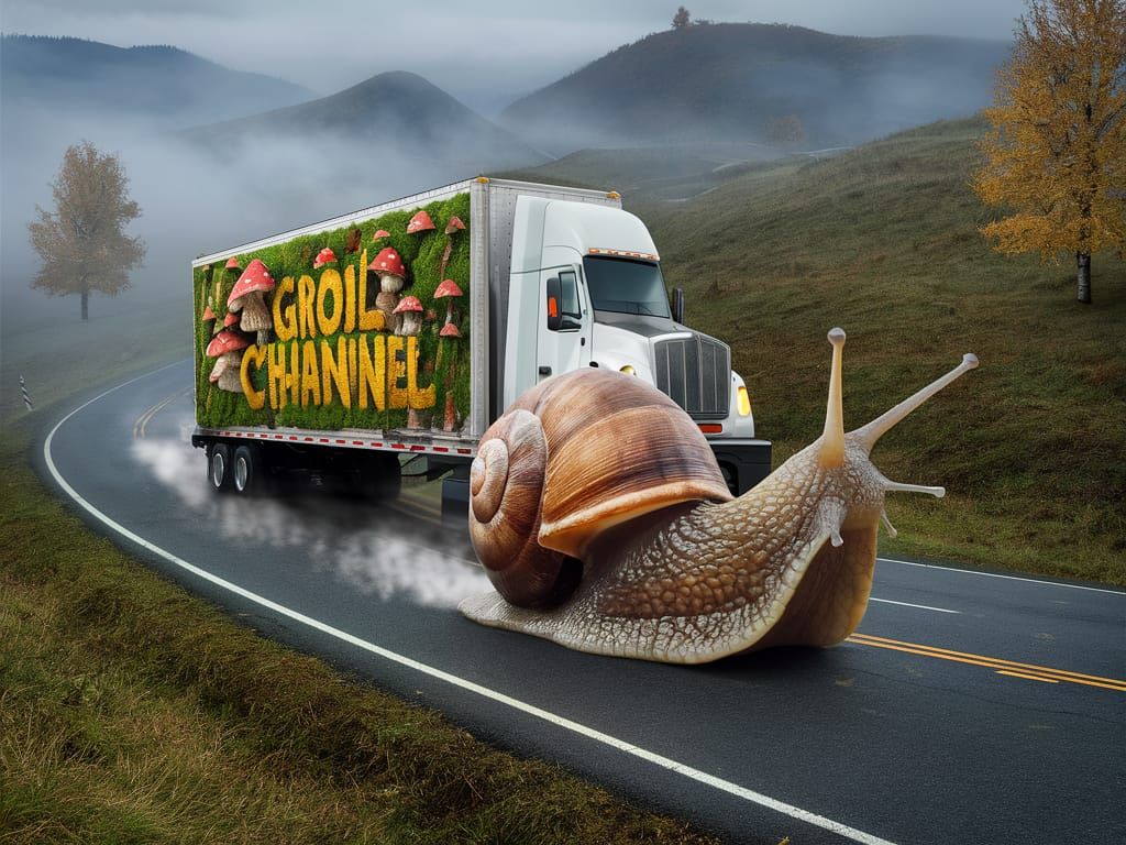 Giant Snail Pulls Mushroom Trailer on Misty Road