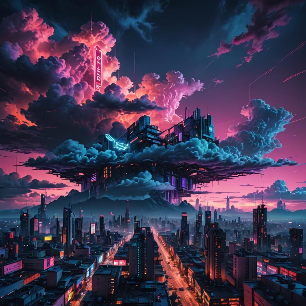 Cyberpunk Cityscape with Neon Lights at Dusk