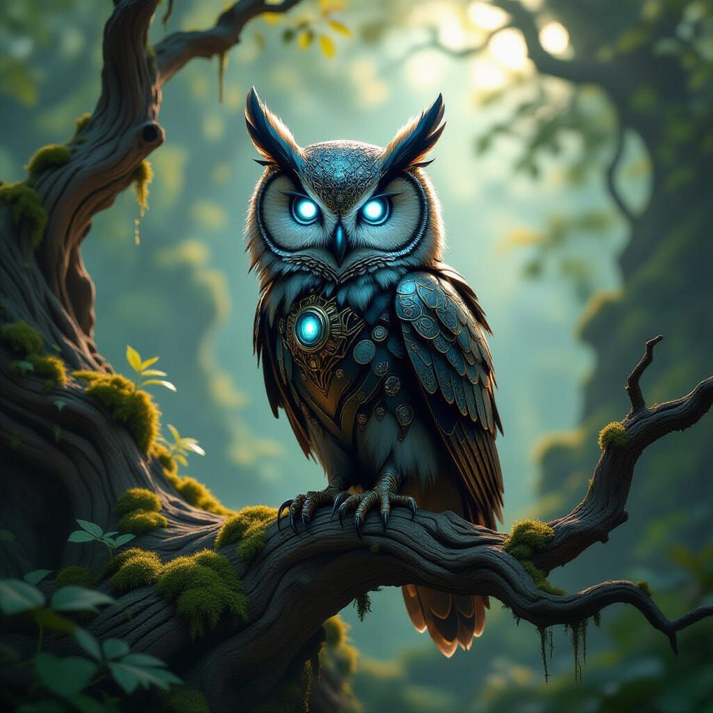 Mechanical Owl Perches on Ancient Branch in Enchanted Forest