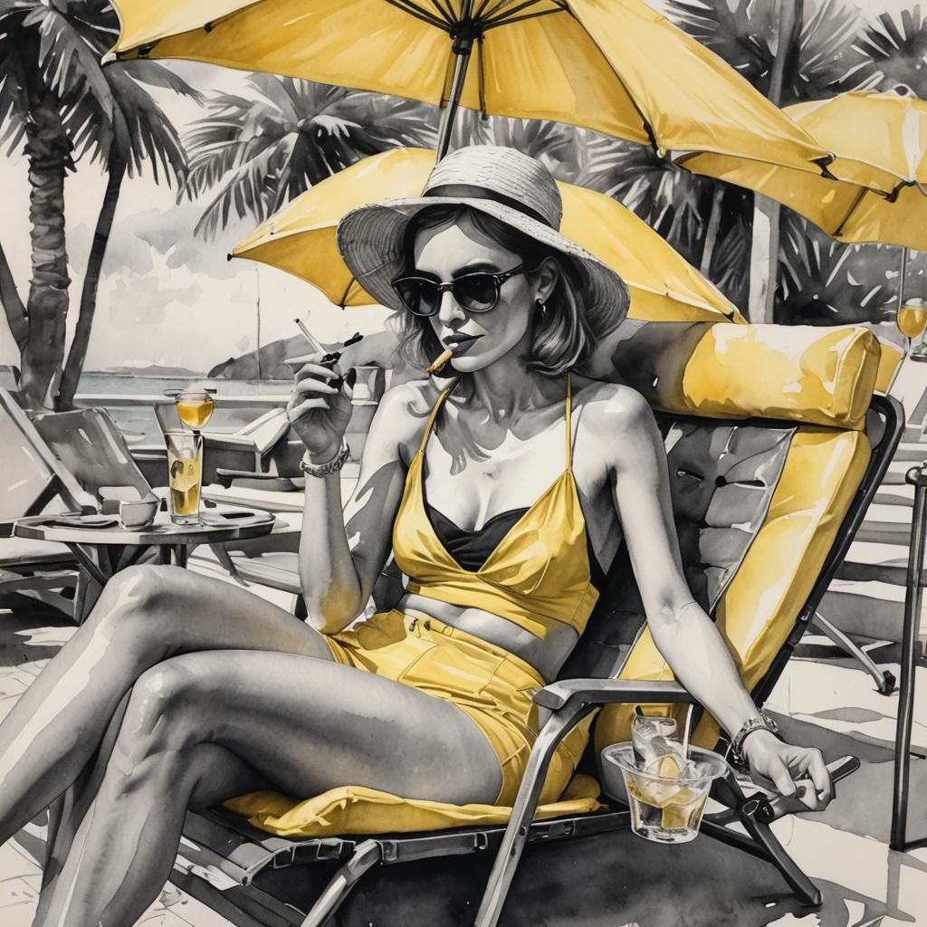 French Woman in Yellow Swimsuit: Watercolour Art