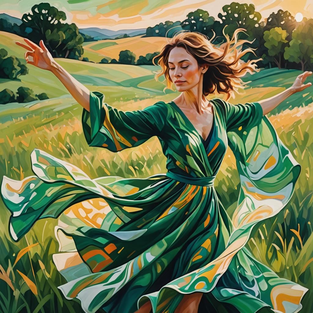Dancing Woman in Meadow, Impressionist Style