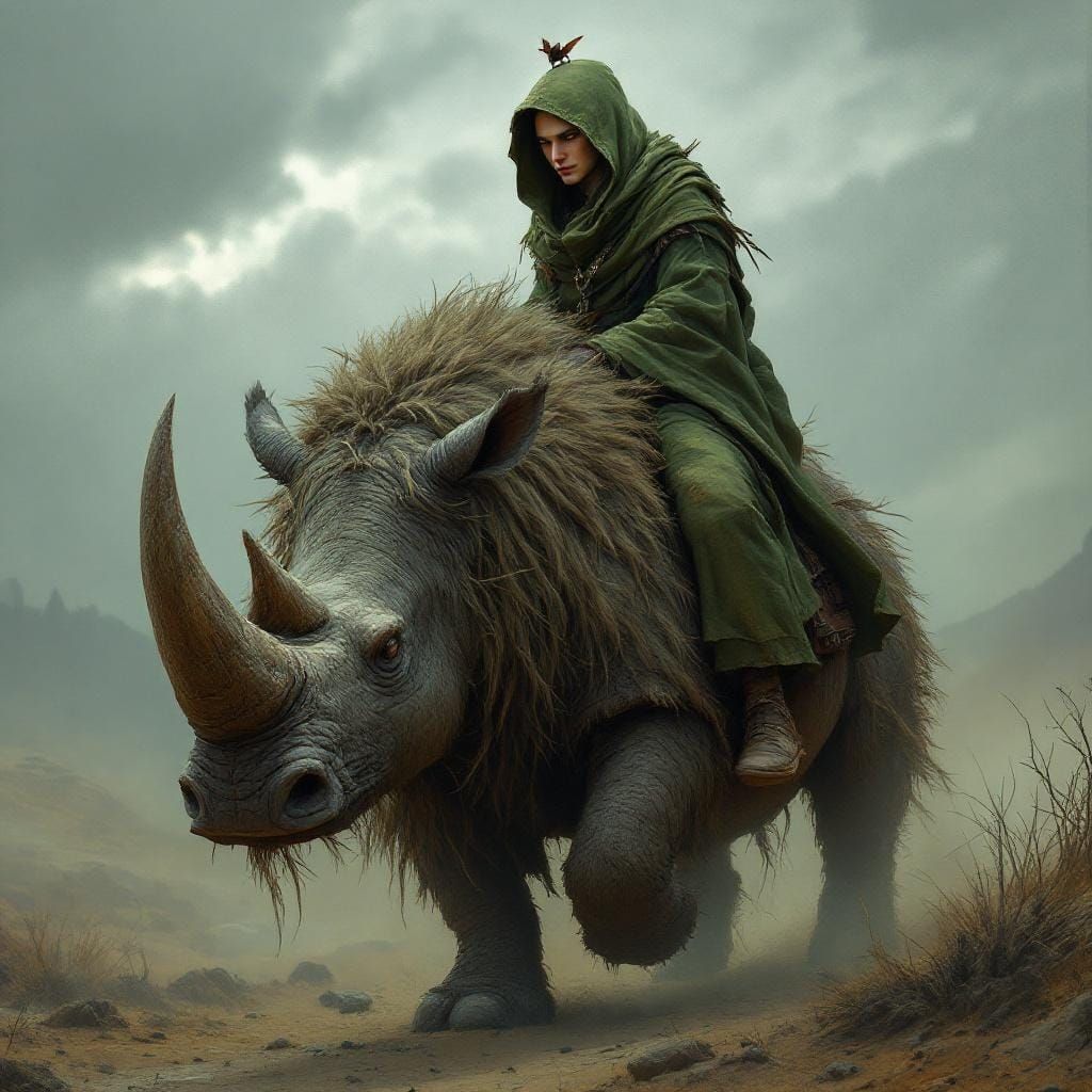 Wizard Rides Rhino Across Barren Landscape in Oil Realism