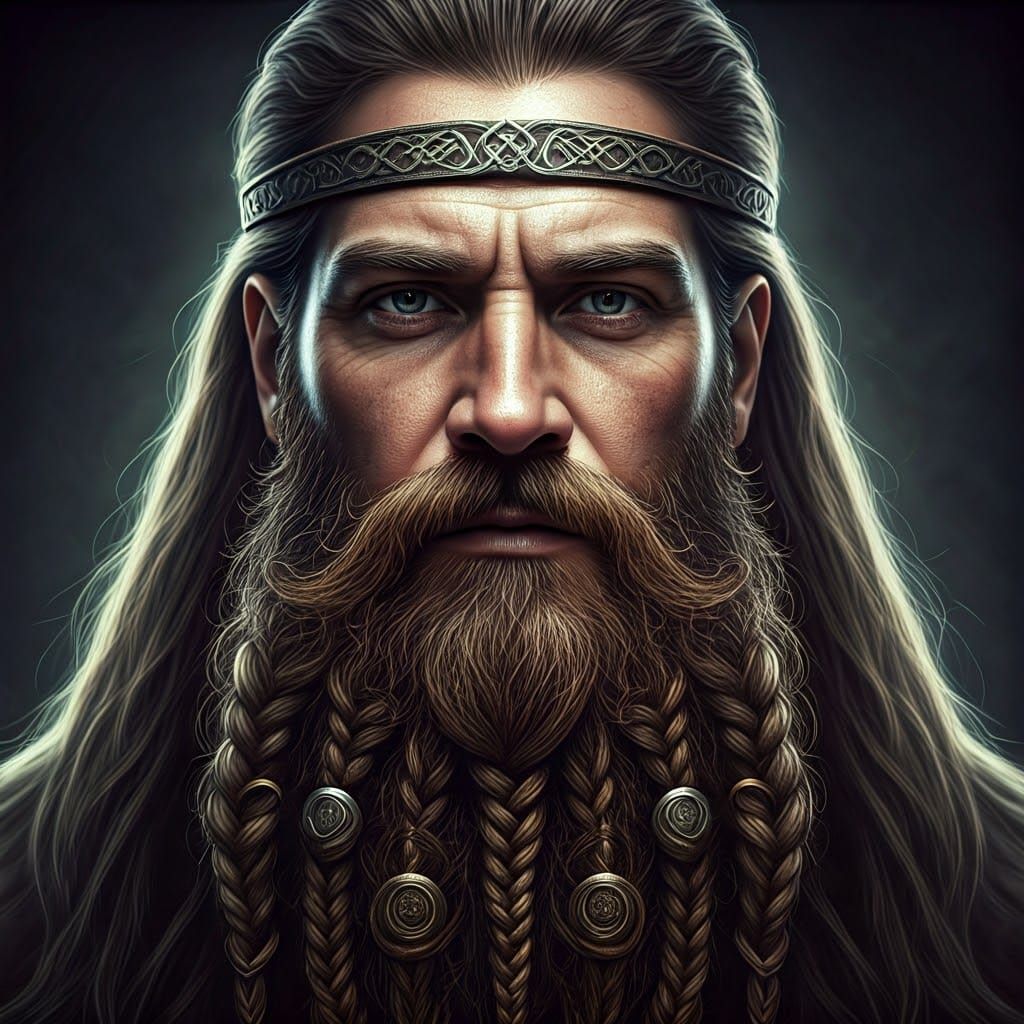 Norseman Portrait with Intricate Beard and Celtic Headband