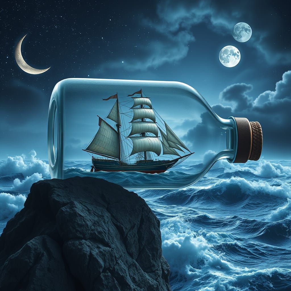 Sailing Ship in Glass Bottle, Nighttime Fantasy Scene