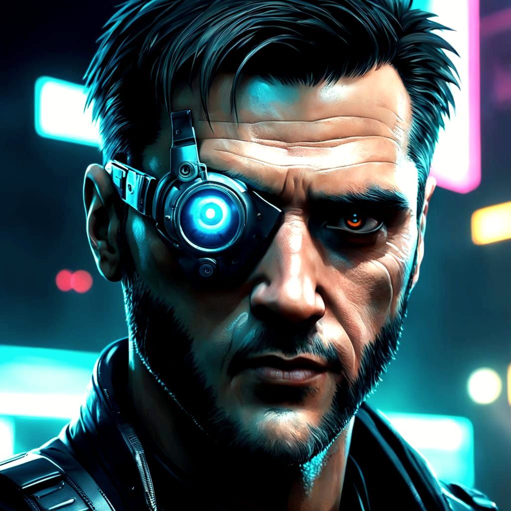 Cybernetic Renaissance Man with Neon Bionic Eye