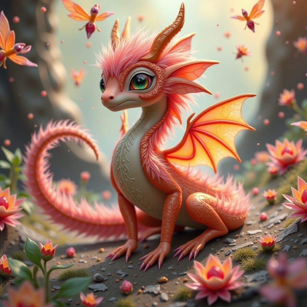 Enchanted Peach-Dragon in Whimsical Dreamscape