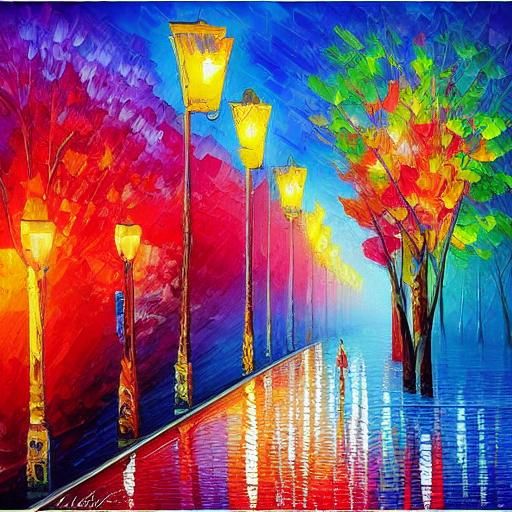 Romantic Rainy Street Scene in Oil Painting Style