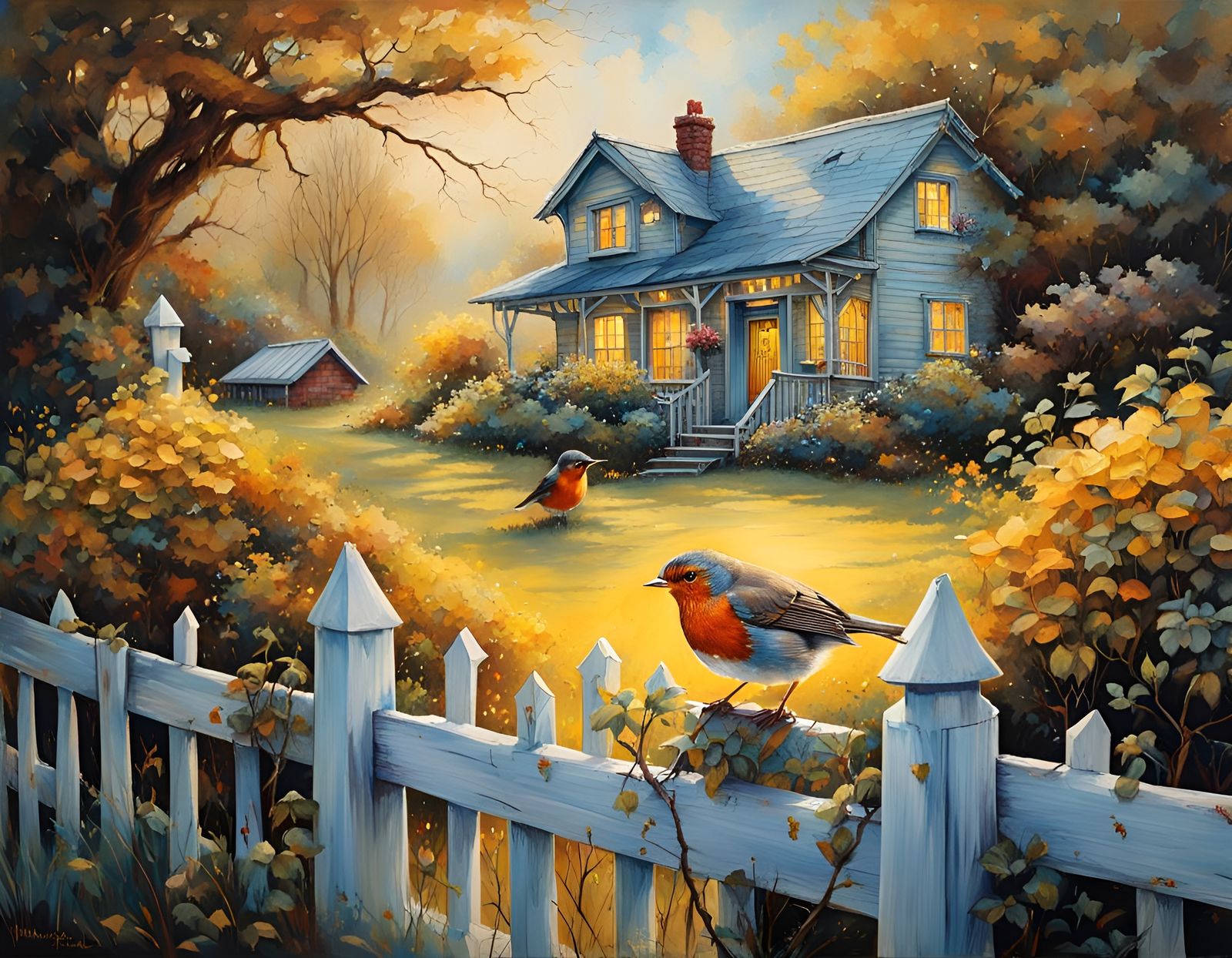 Robin on Tree Near Cottage: Hyperrealistic Ink Painting