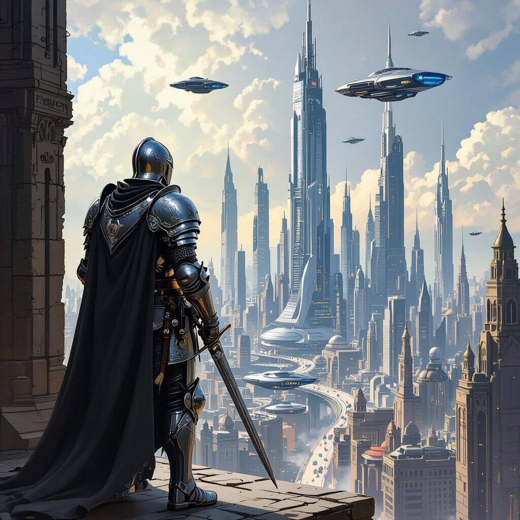 Knight Meets Future City: Epic Fantasy Scene