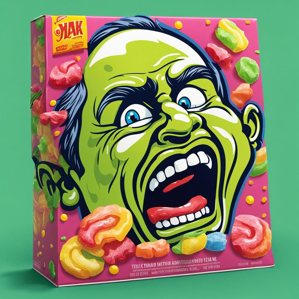 Packaging representing the face of a grimacing man eating ve...