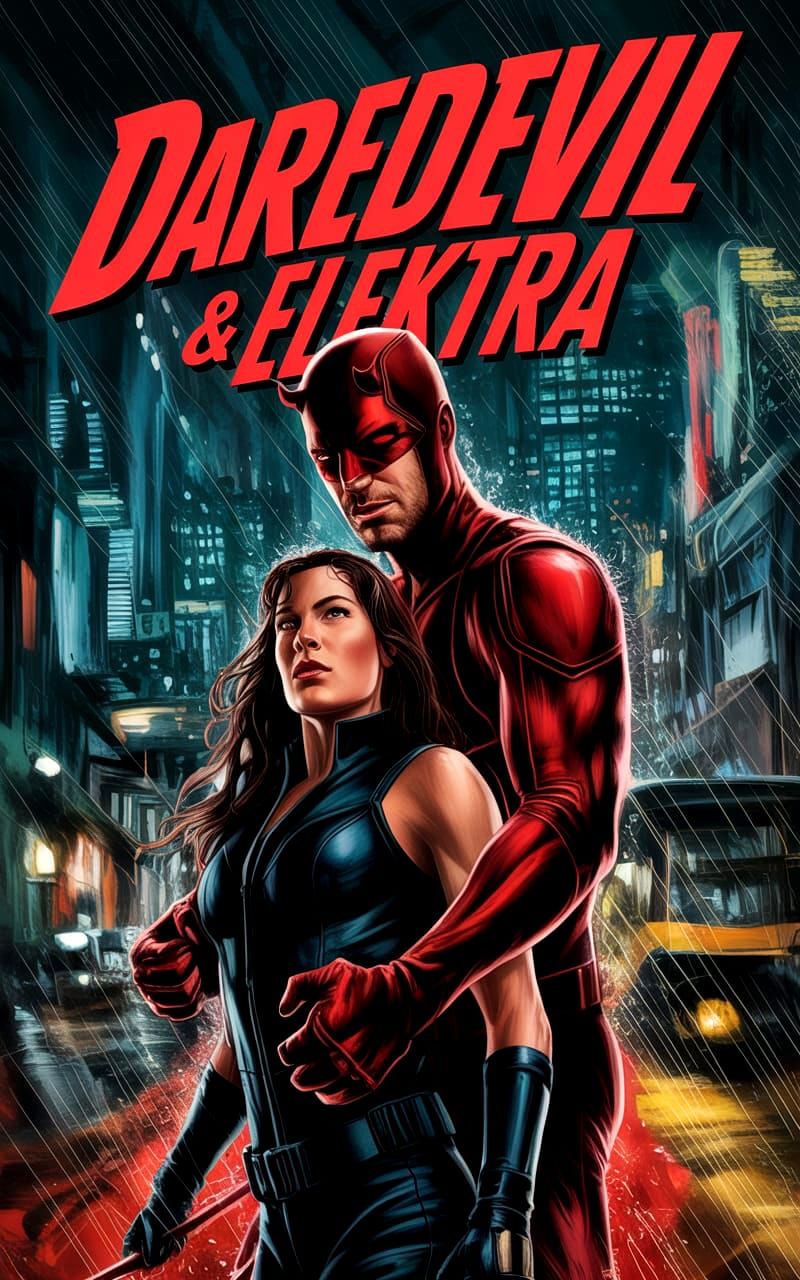 Superhero movie poster of the 2000s, Daredevil and Elektra, movie poster painterly art style of the 2000s