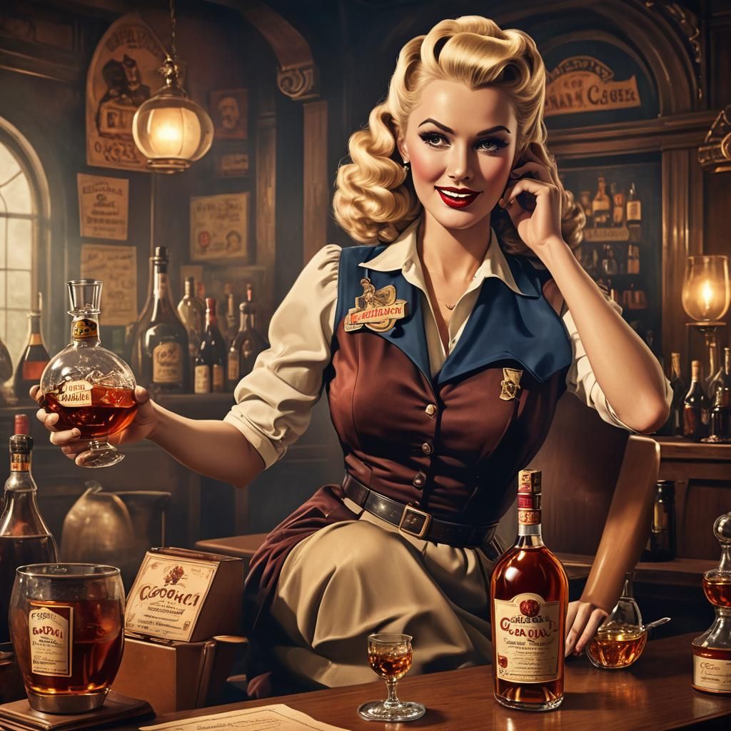 1940s Cognac Ad with Pin-Up Girl in Matte Painting Style