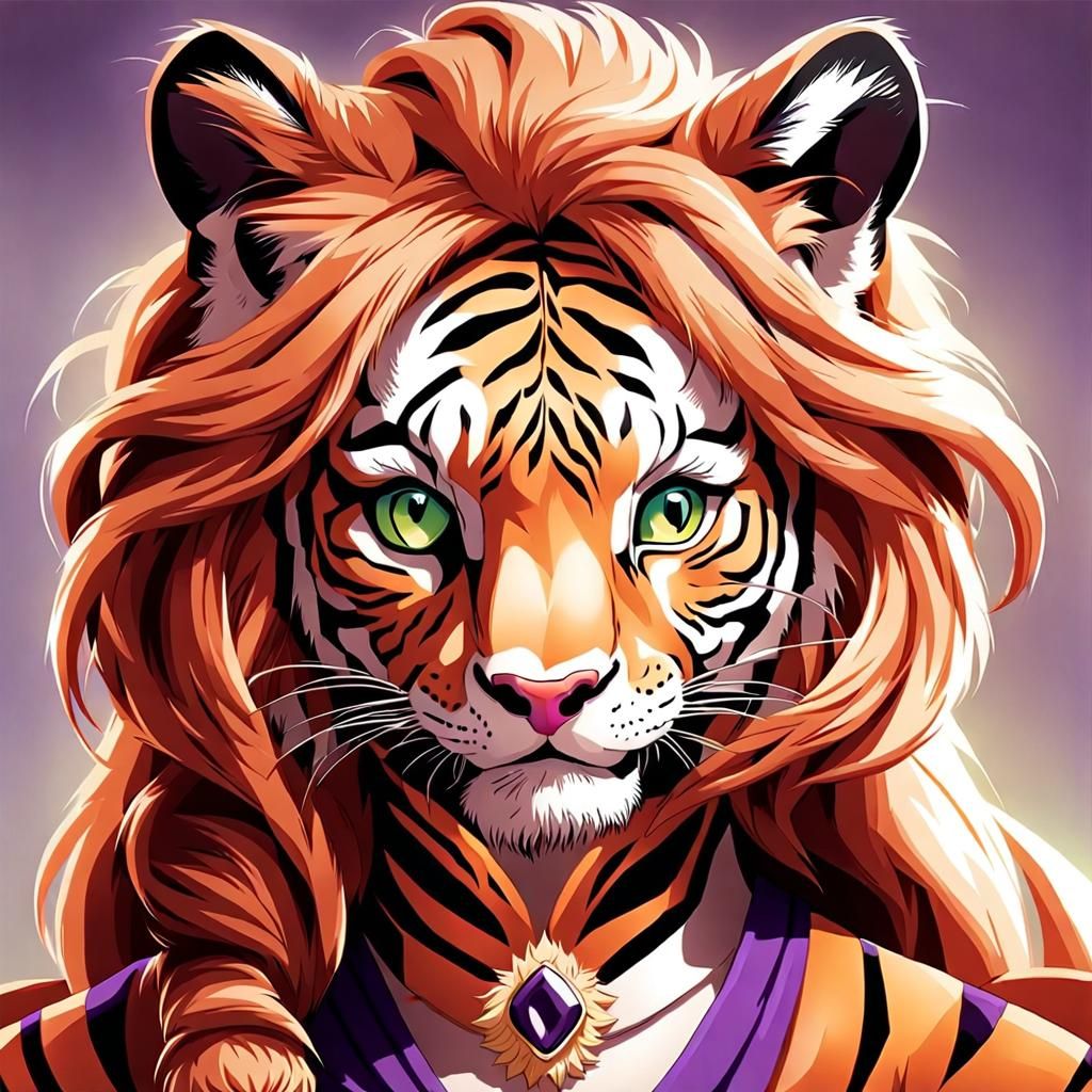 Anthropomorphic Tigress-Lioness Hybrid in Purple Gown