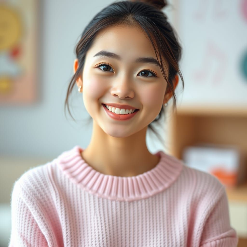 Smiling Woman in Pastel Pink, Pop Art Style