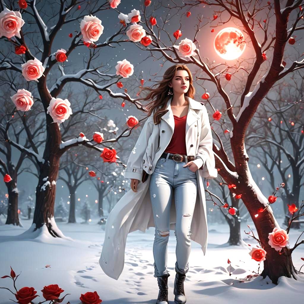 Stylish Figure Under Cherry Tree in Snow
