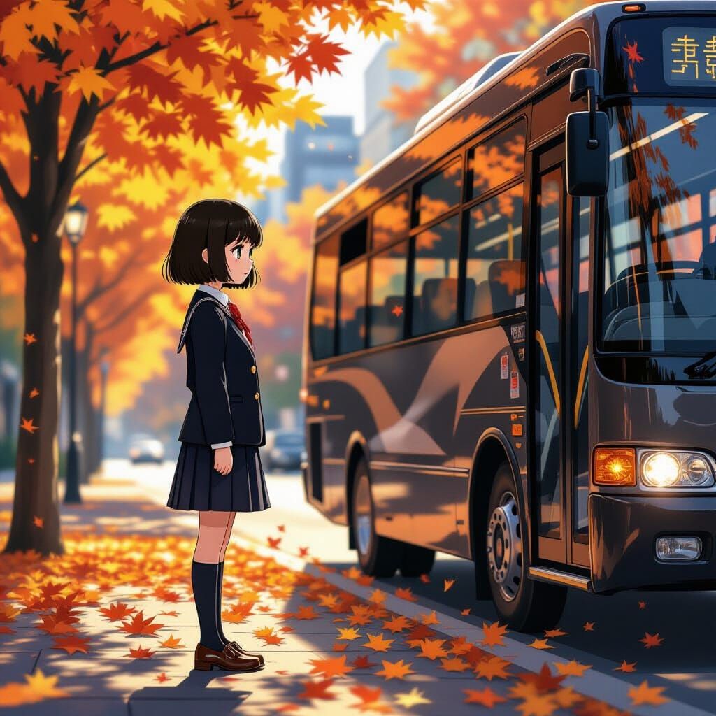 Hyper-Realistic Anime Schoolgirl in Autumn Setting