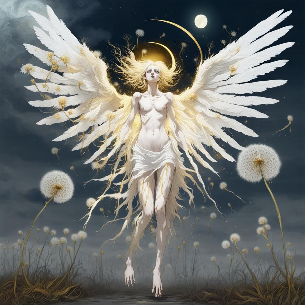 Fallen Angel-Zombie Hybrid Disintegrating into Dandelions