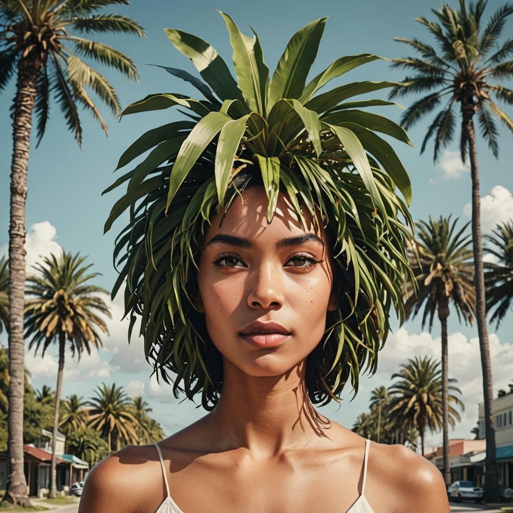 Surreal Woman with Palm Tree Hair