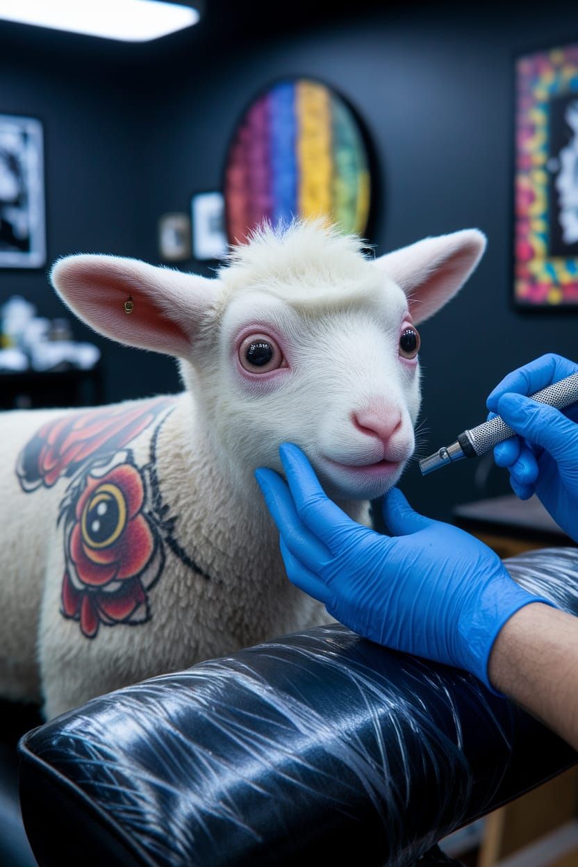 Nervous Lamb Getting Tattooed in Hyperrealistic Style