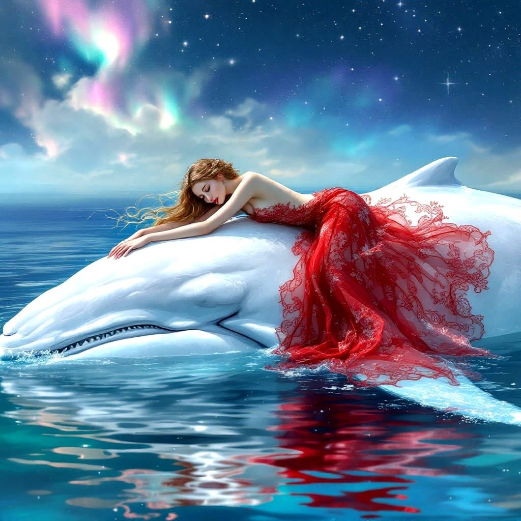 Ethereal Angel on a Shimmering White Whale in Starlight