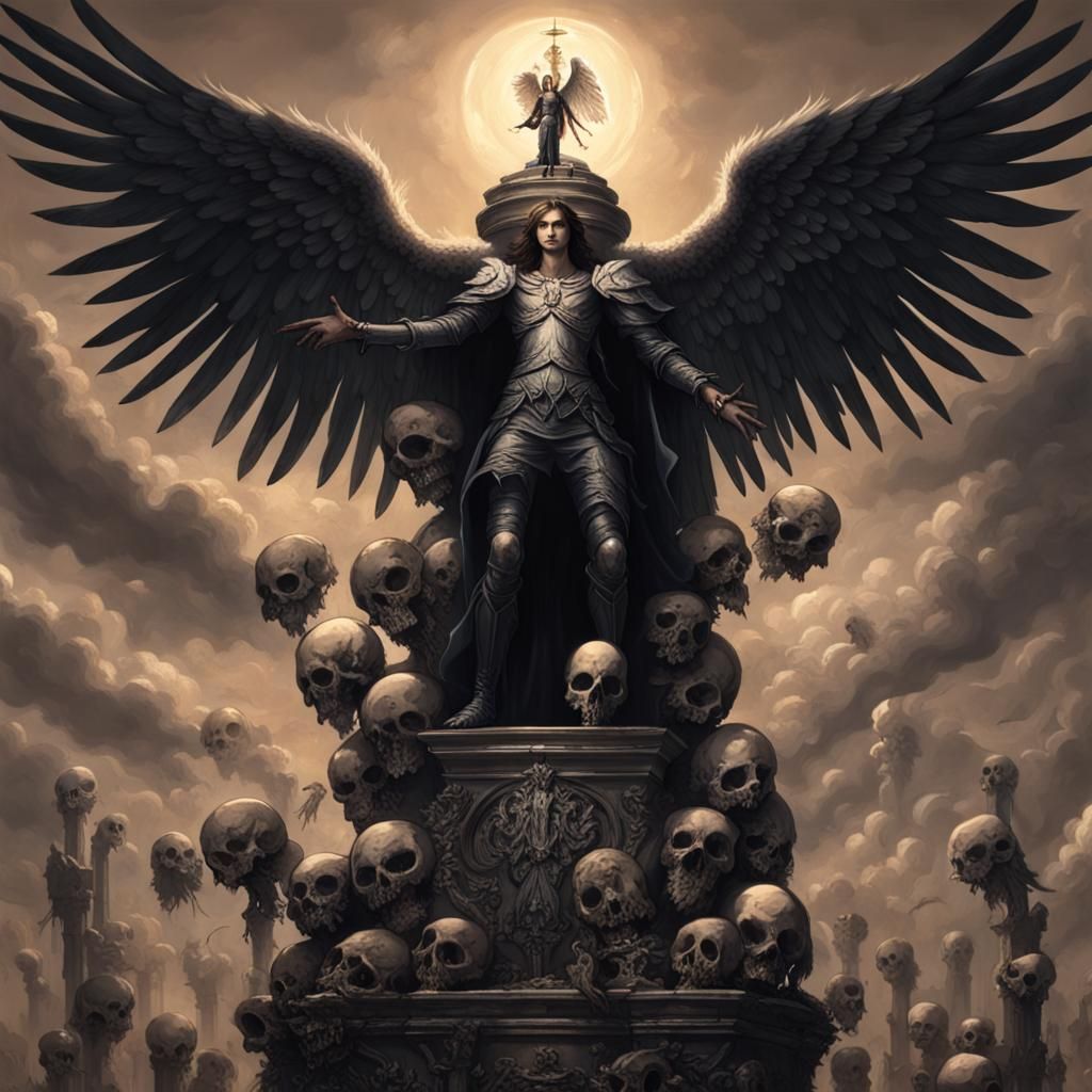 Dark Angel on Skull Tower Holding Light Angel
